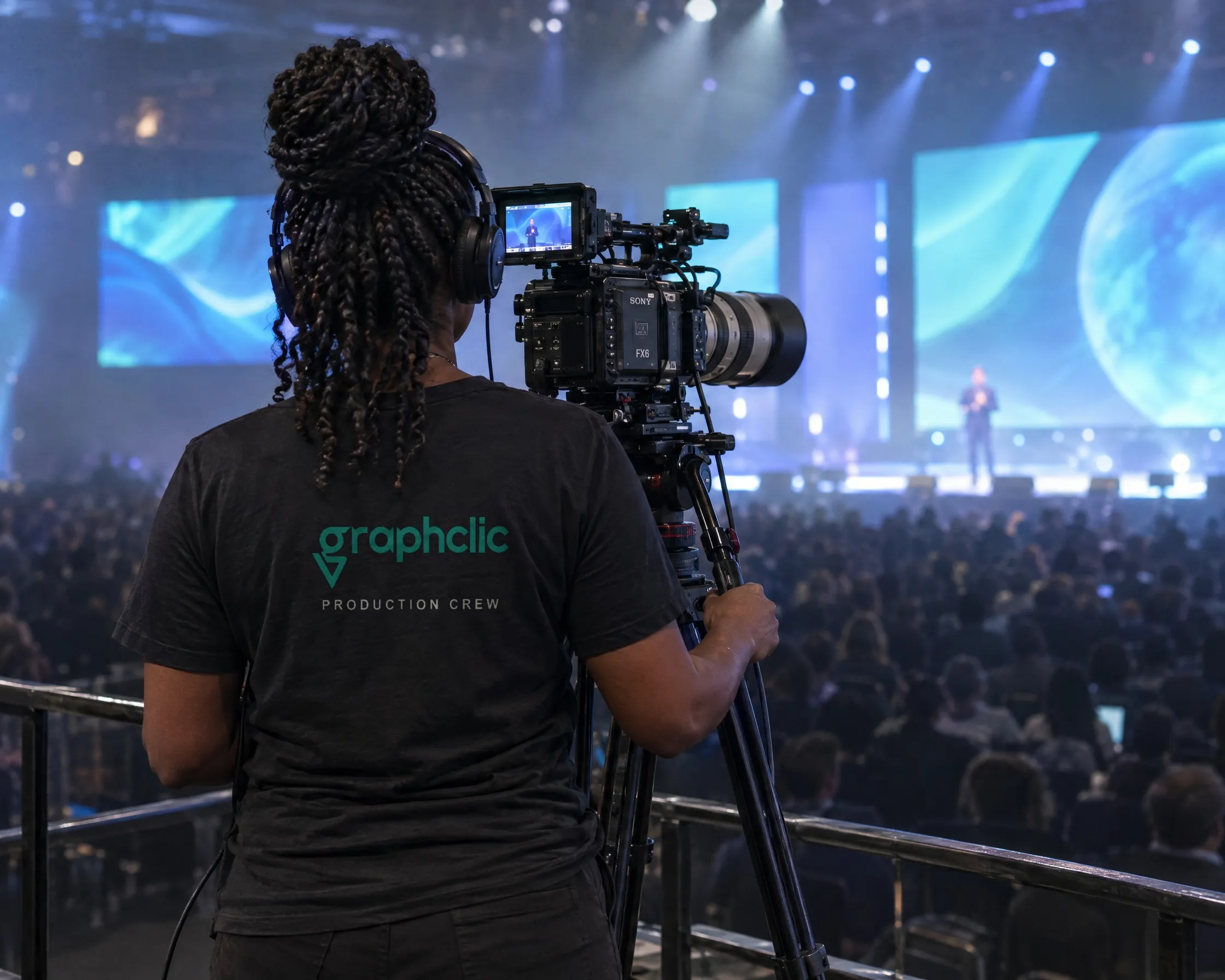 A GraphClic camera operator seen from behind at a tripod camera, filming a conference stage