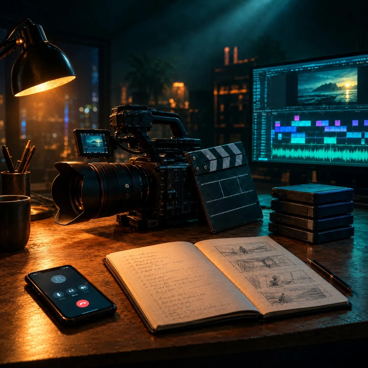 A production desk at night: a phone on a call, a notebook with a shot list and storyboards, a Sony cinema camera, an editing timeline on a monitor and a stack of drives